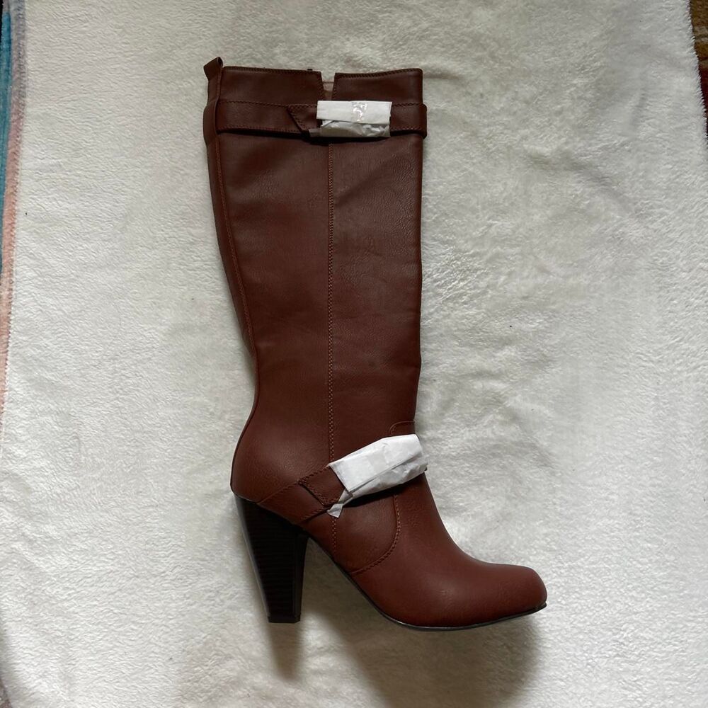 JustFab Voss Cognac Brown knee high boots with a heel and zipper  women's 8.5